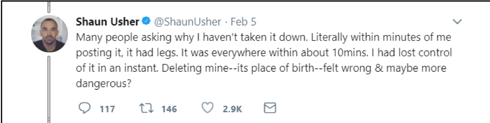 Shaun Usher tweet explaining why he won't delete fake tweet