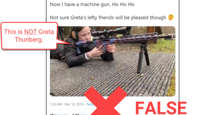 False image of Greta Thunberg firing a gun