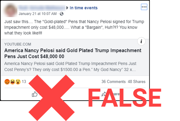 fake facebook post about pelosi using expensive pens for articles of impeachment