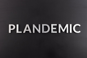 The word "Plandemic" in silver letters on black background