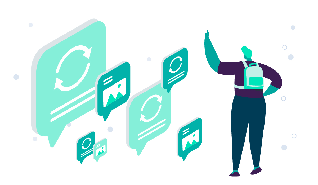 Cover illustration for quiz. Image shows a cartoon student wearing a backpack facing and pointing at abstract social media posts floating in front of them.