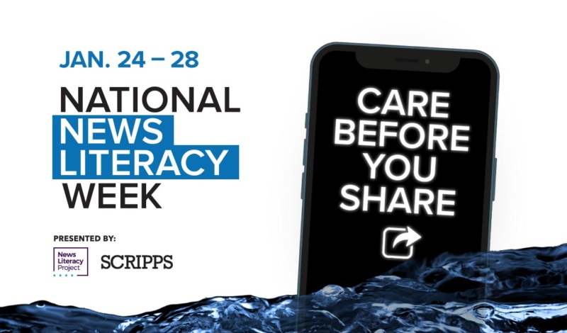 National News Literacy Week logo next to a graphic of a phone that reads 