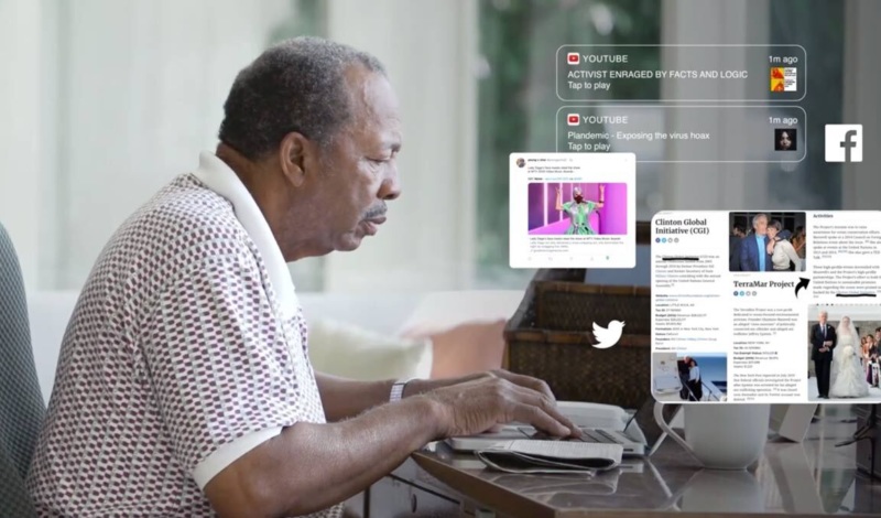 older man on laptop with images from social media floating on the screen