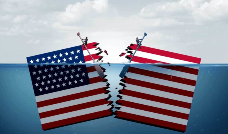 illustration of US flag ripped in two and submerged in water