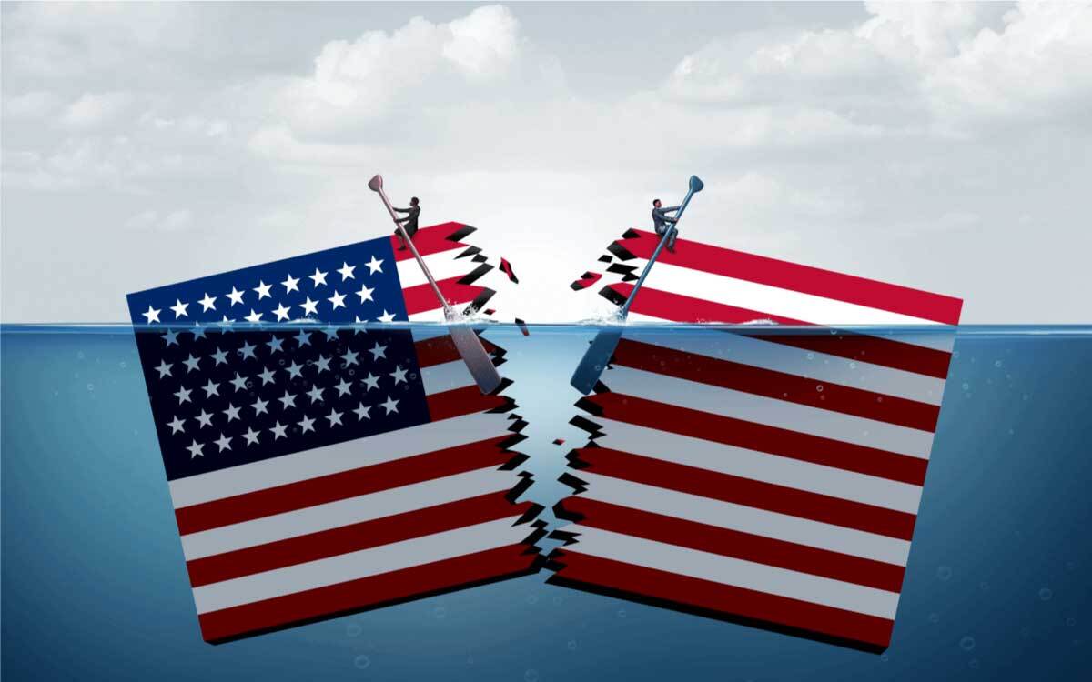illustration of US flag ripped in two and submerged in water