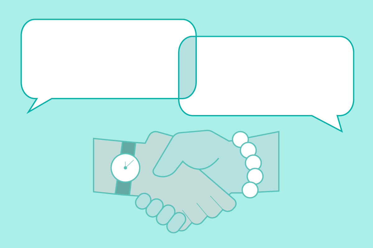 illustration of hands shaking below speech bubbles