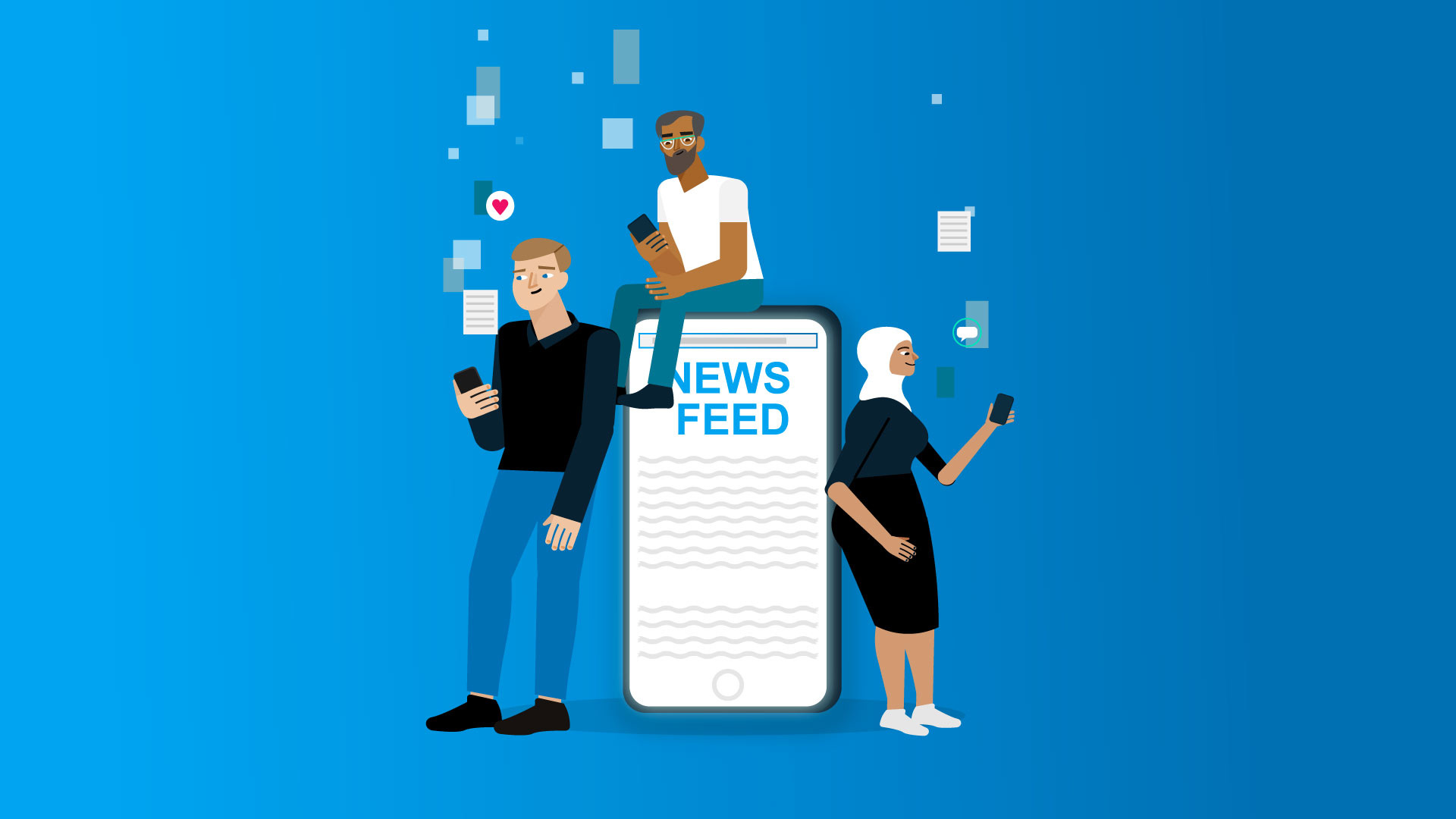 illustration of people leaning on an iPhone that says