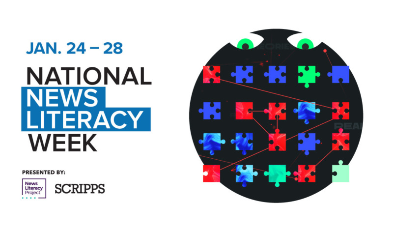 National News Literacy Week logo next to a graphic of eyes overlooking linked puzzle pieces.