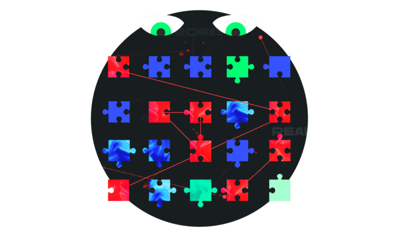 Graphic illustration of green eyes overlooking puzzle pieces, symbolizing a conspiracy.