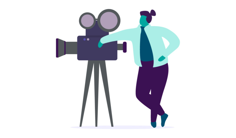 Graphic illustration of a video camera and a reporter leaning against it.