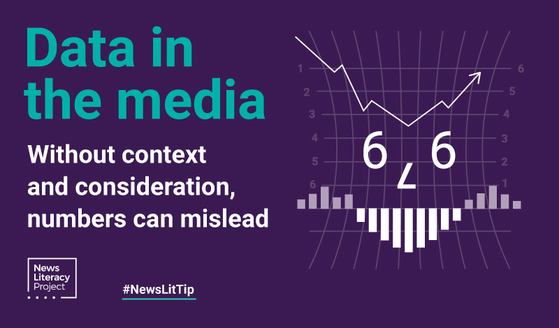 On a dark purple background, large teal text at the top left reads “Data in the media,” and smaller white text beneath reads “Without context and consideration, numbers can mislead.” To the right of the text, an illustration made of numbers, a line graph and a bar graph form a human-like face. A white NLP logo is in the bottom left corner, and to the right, the white text “#NewsLitTip” is underlined in teal.