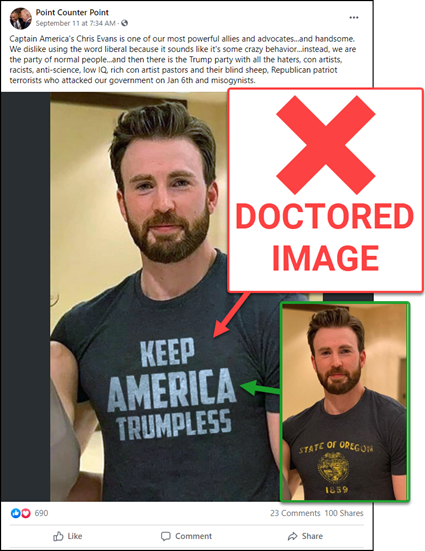 A Facebook post praising the actor Chris Evans includes a photo of him with a gray t-shirt on that says “Keep America Trumpless” on the front. The News Literacy Project added a 'Doctored Image' label and an inlaid image of Evans' authentic shirt. 