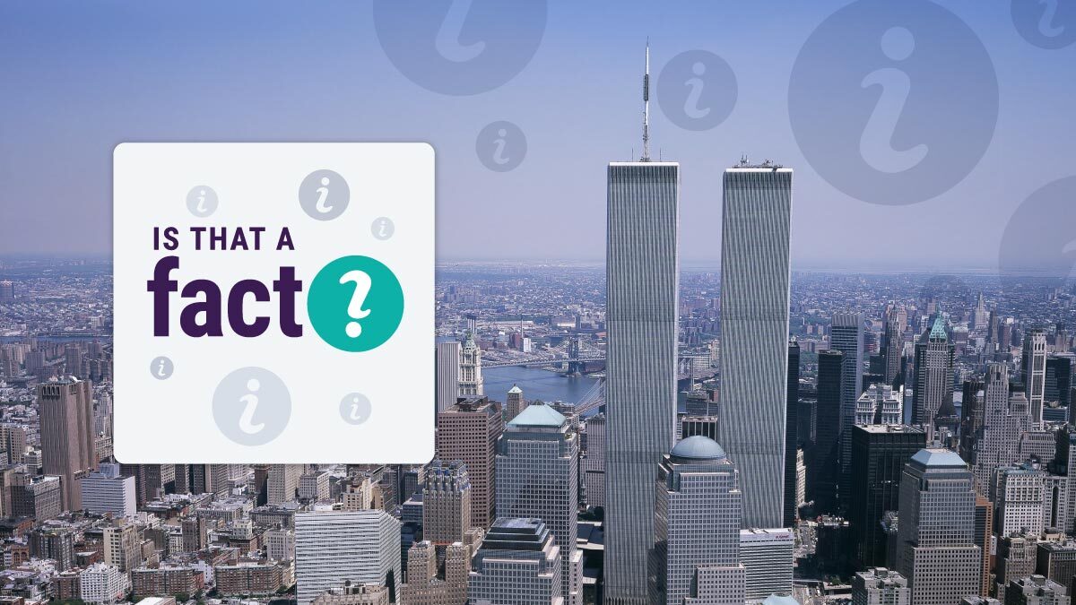 Is that a fact podcast promo image for season two. A picture of the twin towers in NYC is in the background.