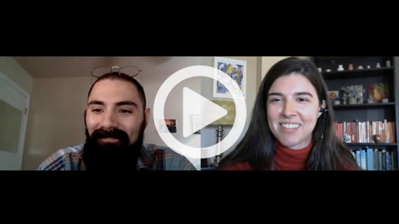 Hannah Covington of the News Literacy Project talks with journalist Lionel Ramos of Oklahoma Watch over Zoom about his recent story on Afghan refugees arriving in Oklahoma. A hyperlinked play button over the image leads to a video of their conversation.