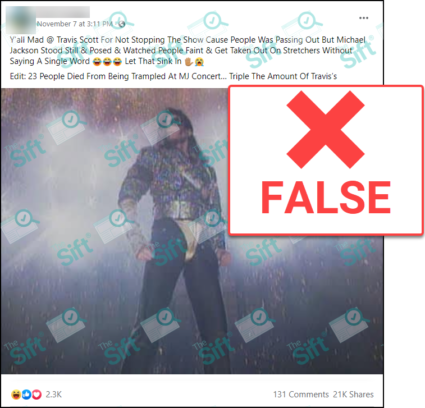 A Facebook post that says, “Y’all Mad @ Travis Scott For Not Stopping The Show Cause People Was Passing Out But Michael Jackson Stood Still and Posed and Watched People Faint and Get Taken Out On Stretchers Without Saying A Single Word, Let That Sink In.” The post continues, “Edit: 23 People Died From Being Trampled At MJ Concert… Triple The Amount Of Travis’s.” The post also includes a photo of Michael Jackson on stage. The News Literacy Project has added a label that says “FALSE.”