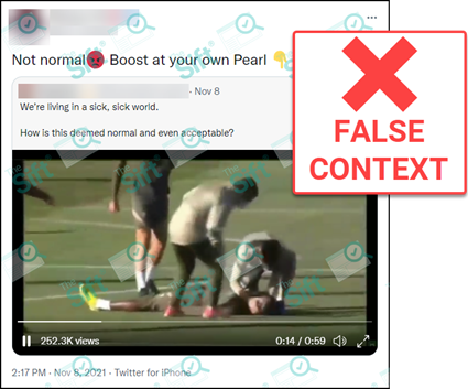 A retweet of a video showing athletes collapsing that says, “Not normal. Boost at your own Pearl [peril].” The original tweet containing the video says, “We’re living in a sick, sick world. How is this deemed normal and even acceptable?” The News Literacy Project has added a label that says, “FALSE CONTEXT.” 