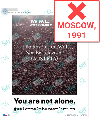 A Facebook post of a photo showing a large crowd with the words “We will not comply. The revolution will not be televised! (Austria). You are not alone. #welcome2therevolution.” The News Literacy Project has added a label to this post that says “Moscow 1991.”