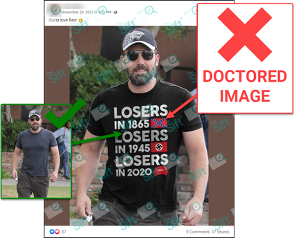 A Facebook post with a photo of the actor Ben Affleck supposedly wearing a t-shirt that reads “Losers in 1865, losers in 1945, losers in 2020.” Next to the dates are a Confederate flag, a Nazi flag and a red MAGA hat. The News Literacy Project added a label that says “DOCTORED IMAGE” and included an image of Affleck’s authentic shirt, which was plain.