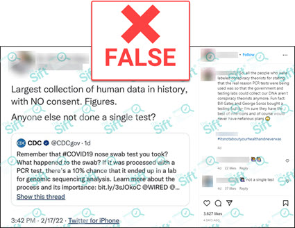 A tweet from the CDC about PCR tests being used for genomic sequencing analysis has been reposted to Instagram with misleading, conspiratorial commentary that falsely implies that the data collection is part of a 'nefarious' plan to 'collect our DNA.' The News Literacy Project has added a label that says 'FALSE.'