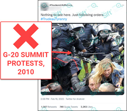 A Feb. 18, 2022, tweet from an account named “#TruckersLifeMatters.” that says “Nothing to see here. Just following orders. #TrudeauTyranny.” The post contains a photo of police in riot gear shoving and kicking a group of people. The News Literacy Project has added a label that says, “G-20 summit protests, 2010.”