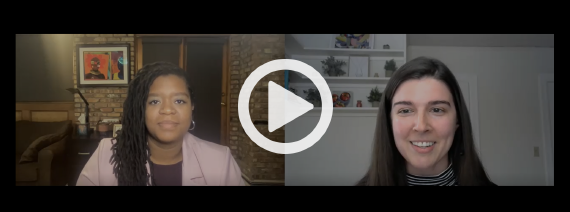Hannah Covington of the News Literacy Project talks over Zoom with journalist Candice Norwood of The 19th* about her role covering breaking news. A hyperlinked play button on the image leads to a video of their conversation.