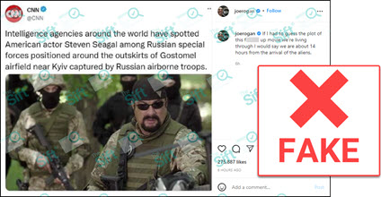 An Instagram post from Joe Rogan that includes a screenshot of what appears to be a tweet from the verified account of CNN. The tweet includes a photo of Steven Seagal in military fatigues and says “Intelligence agencies from around the world have spotted American actor Steven Seagal among Russian special forces positioned around the outskirts of Gostomel airfield near Kyiv captured by Russian airborne troops.” The News Literacy Project has added a label that says 'FAKE.'