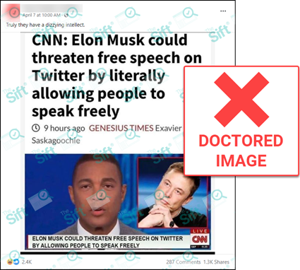 A Facebook post that says “Truly they have a dizzying intellect.” The post contains a screenshot that includes the false headline, “CNN: Elon Musk could threaten free speech on Twitter by literally allowing people to speak freely.” The screenshot also includes a byline from the satirical website Genesius Times and what appears to be a video still from a CNN broadcast with an on-screen text banner that repeats the bogus headline. The News Literacy Project has added a label that says, 'DOCTORED IMAGE.'