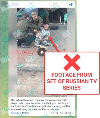 A Telegram post containing a video showing two men preparing what appears to be a stunt dummy. The post includes the text “This is how the Armed Forces of Ukraine prepare their staged videos in order to shout at the top of their lungs: “it’s Putin’s fault”, and then, as in Bucha, these toys will be scattered along the streets of Kiev or Nikolaev. The News Literacy Project has added a label that says, 'FOOTAGE FROM SET OF RUSSIAN TV SERIES.'