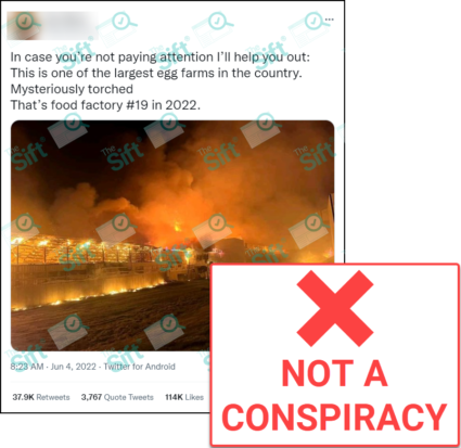 A tweet that says, “In case you’re not paying attention I’ll help you out: This is one of the largest egg farms in the country. Mysteriously torched. That’s food factory #19 in 2022.” The post includes a photo of a large barn fire. The News Literacy Project has added a label that says, “NOT A CONSPIRACY.”