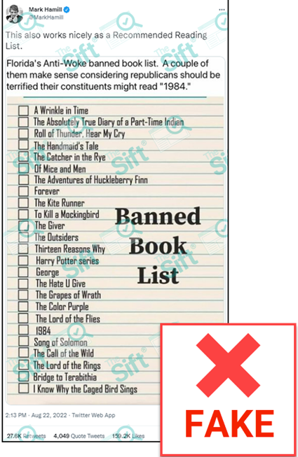 An image of a tweet from actor Mark Hamill reads, “This also works nicely as a Recommended Reading List.” The tweet features a picture of a “Banned Book List” that includes titles such as “A Wrinkle in Time,” “The Absolutely True Diary of a Part-Time Indian” and “Roll of Thunder, Hear My Cry.” The alleged banned books meme includes the paragraph “Florida’s Anti-Woke banned book list. A couple of them make sense considering republicans should be terrified their constituents might read ‘1984.’” The News Literacy Project has added a label that says, “FAKE.”