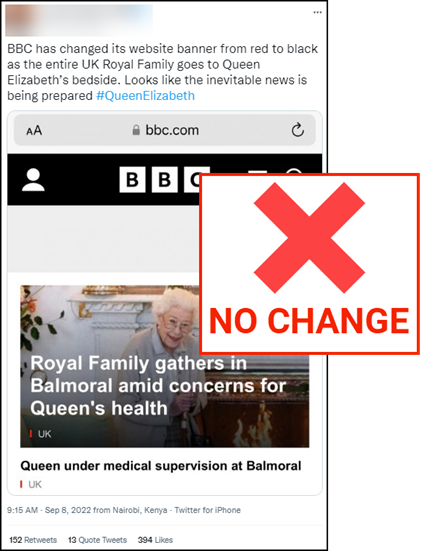 A tweet reads “BBC has changed its website banner from red to black as the entire UK Royal Family goes to Queen Elizabeth’s bedside. Looks like the inevitable news is being prepared #QueenElizabeth” and shows a screenshot of the BBC’s website. The News Literacy Project has added a label that says, “NO CHANGE.”