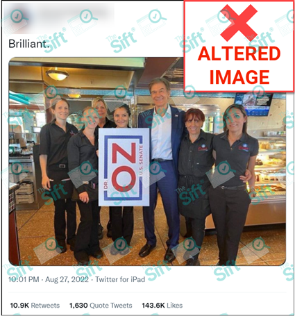 A tweet reads, “Brilliant” and features a photo of Republican Senate candidate Mehmet Oz with a group of people, one of whom holds a sideways campaign sign that appears to display “Oz” as “No” at a diner. The News Literacy Project has added a label that says, “ALTERED IMAGE.”