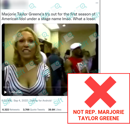 A tweet reads, “Marjorie Taylor Greene’s try out for the first season of American Idol under a stage name lmao. What a loser,” and features a video of a woman auditioning for the show. The News Literacy Project has added a label that says, “NOT REP. GREENE.”
