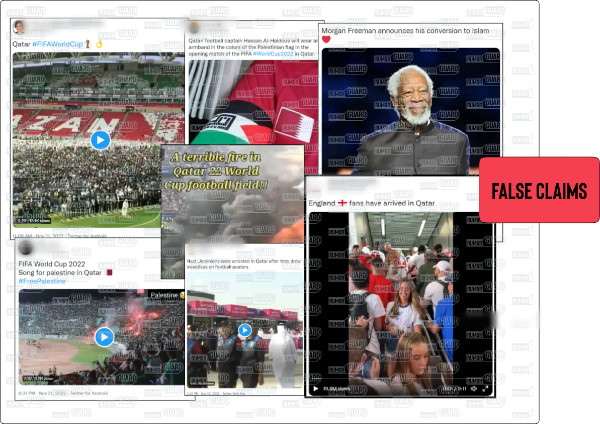 A collage shows screenshots of several social media posts featuring various false claims about the 2022 World Cup: that actor Morgan Freeman converted to Islam; that a large fire broke out in the stands; that Qatar’s captain wore a Palestinian flag, and that Ukrainians were arrested for drawing Nazi symbols. The News Literacy Project has added a label that says, “FALSE CLAIMS.”