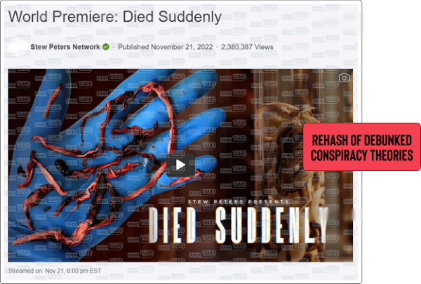 A screenshot shows a post on the conservative social media platform Rumble featuring an anti-vaccination video called Died Suddenly that has been viewed more than 2.3 million times. The News Literacy Project has added a label that says, “REHASHED OF DEBUNKED  CONSPIRACY THEORIES.”
