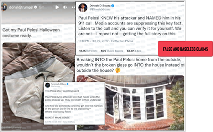 A collage shows four social media posts containing false rumors about the violent attack on Paul Pelosi, including one from Donald Trump Jr. featuring a photo of a hammer on a pair of underwear, another tweet showing glass outside of a window, and two more tweets claiming that “Pelosi KNEW his attacker” and that “Pelosi & his attacker were half naked” and “both in their underwear.” The News Literacy Project has added a label that says, “FALSE AND BASELESS CLAIMS.”