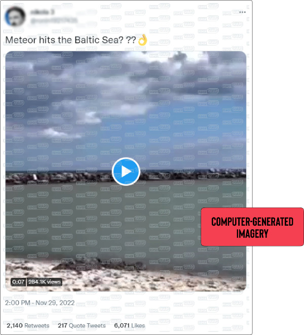 A screenshot of a tweet reads, “Meteor hits the Baltic Sea???” with a video that shows what appears to be a meteor landing in a body of water. The News Literacy Project has added a label that says, “COMPUTER-GENERATED IMAGERY.”
