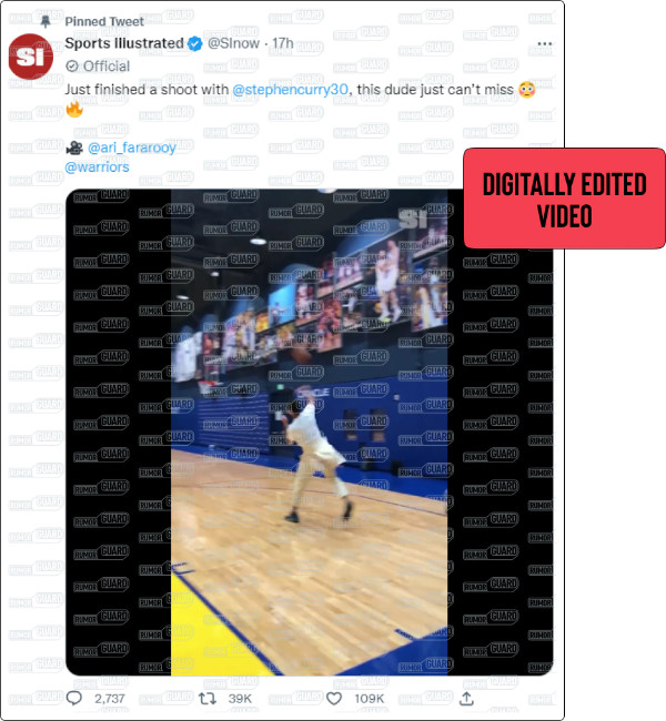 An image shows a tweet from Sports Illustrated that reads “Just finished a shoot with @stephencurry30, this dude just can’t miss” and features a video that supposedly shows the NBA star making five consecutive full court shots. The News Literacy Project has added a label that says, “DIGITALLY EDITED VIDEO.”