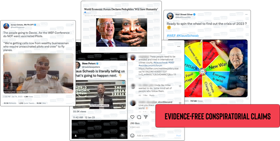 An image collage features various tweets and website screenshots pushing conspiratorial claims about the World Economic Forum, including one that reads, “The people going to Davos… for the WEF conference do NOT want vaccinated pilots. ‘We’re getting calls now from wealthy businessman who require unvaccinated pilots and crew’ to fly planes.” The News Literacy Project has added a label that says, “EVIDENCE-FREE CONSPIRATORIAL CLAIMS.”
