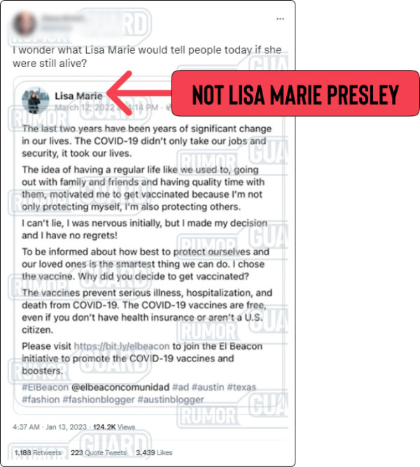 A tweet reads, “I wonder what Lisa Marie would tell people today if she were still alive?” and features a screenshot of a pro-vaccination social media post from someone named “Lisa Marie.” The News Literacy Project has added a label that says, “NOT LISA MARIE PRESLEY.”