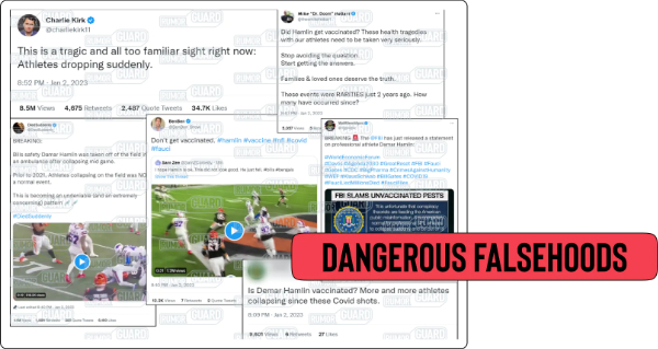 A collage features several tweets from prominent accounts suggesting the COVID-19 vaccine was responsible for NFL player Damar Hamlin’s collapse during a recent football game, including one with a fabricated statement from the FBI. The News Literacy Project has added a label that says, “DANGEROUS FALSEHOODS.”