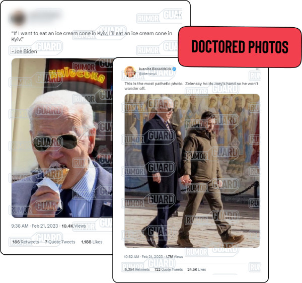 Two tweets include images of U.S. President Joe Biden — one that appears to show him eating ice cream, another that supposedly shows him holding hands with Ukrainian President Volodymyr Zelenskyy — during his February 2023 trip to Ukraine and Poland. The News Literacy Project has added a label that says, “DOCTORED PHOTOS.”