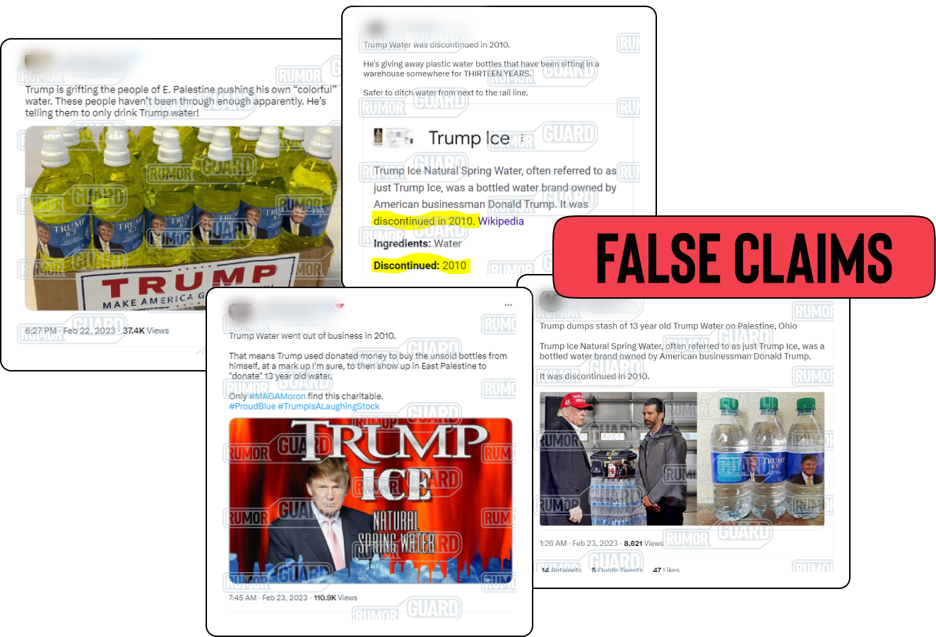 Four tweets contain messages claiming that former U.S. President Donald Trump handed out expired bottles of “Trump Ice” water to the residents of East Palestine, Ohio, after the derailment of a freight train carrying hazardous materials, including one that reads “Trump dumps stash of 13 year old Trump Water on Palestine, Ohio.” The News Literacy Project has added a label that says, “FALSE CLAIMS.”