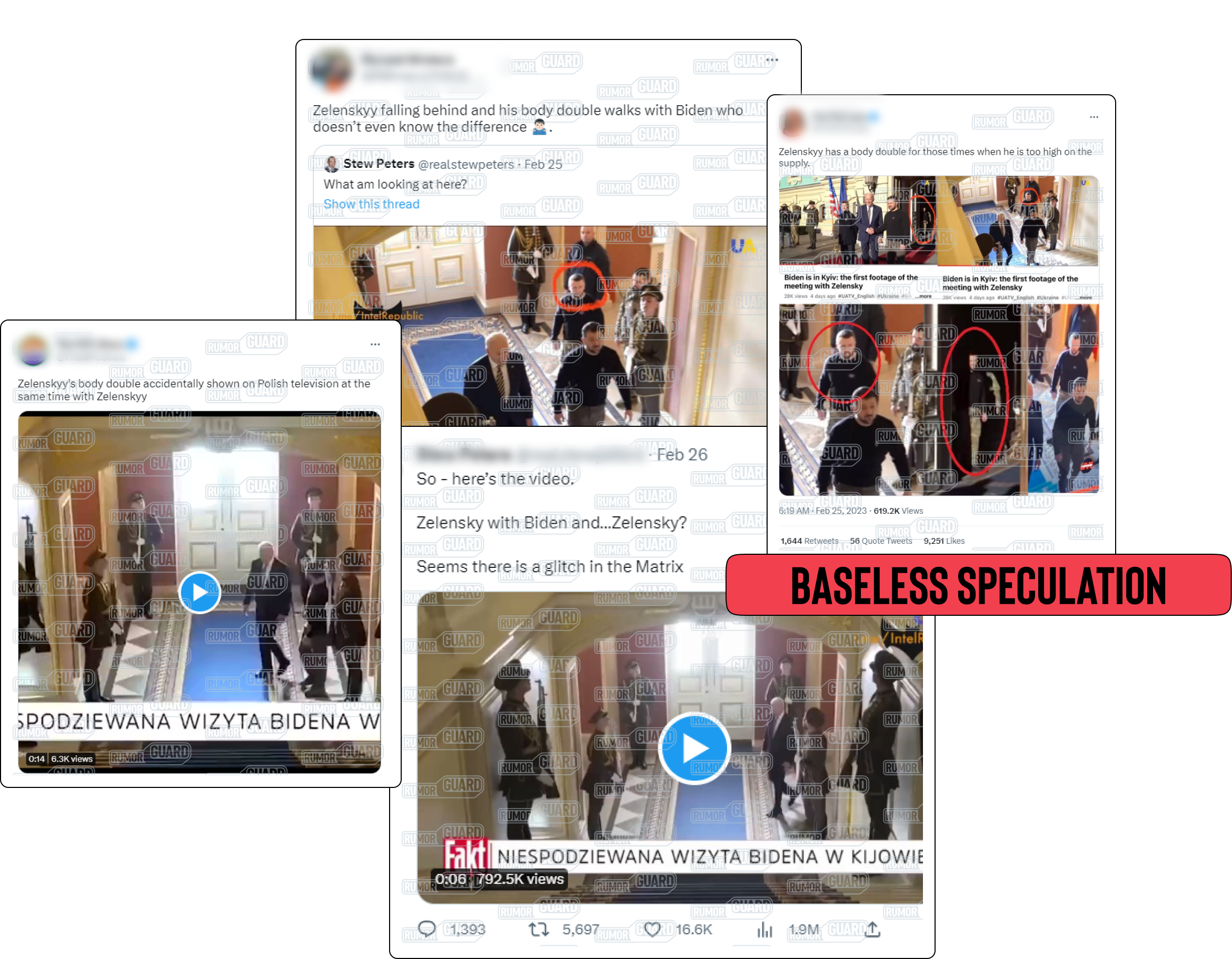 Four tweets feature pictures and videos from U.S. President Joe Biden’s February 2023 trip to Ukraine and conspiratorial messages claiming that Ukrainian President Volodymyr Zelenskyy was using a body double. One reads, “seems there’s a glitch in the Matrix”; another says Zelenskyy’s “body double walks with Biden who doesn’t even know the difference”; another claims the footage was “accidentally” aired on Polish TV; and the last accuses Zelenskyy of using drugs. The News Literacy Project has added a label that says, “BASELESS SPECULATION.”