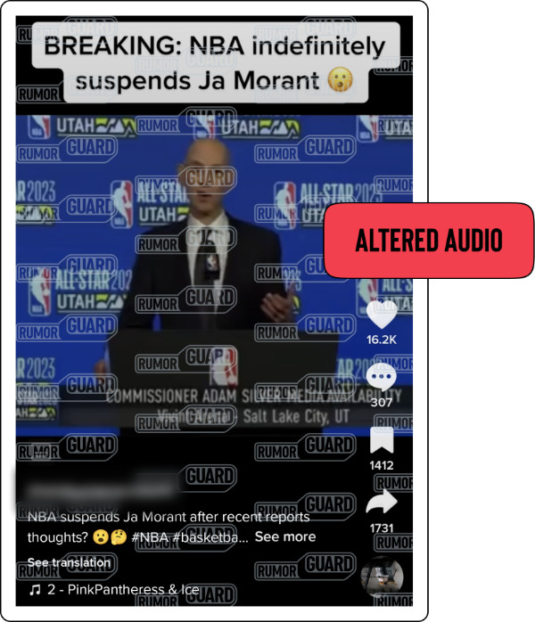 A TikTok video carries the text “BREAKING: NBA indefinitely suspends Ja Morant” and features footage supposedly showing NBA commissioner Adam Silver at a press conference. The News Literacy Project has added a label that says, “ALTERED AUDIO.”