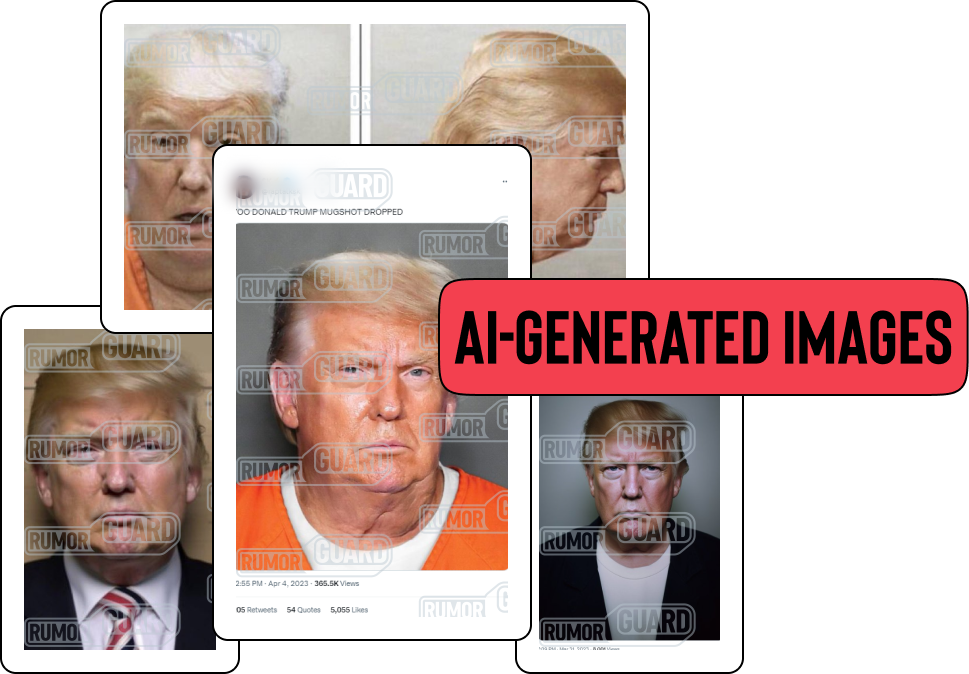 A collage features several images that appear to be mug shots of former President Donald Trump and a tweet that reads “DONALD TRUMP MUGSHOT DROPPED.” The News Literacy Project has added a label that says, “AI-GENERATED IMAGES.”