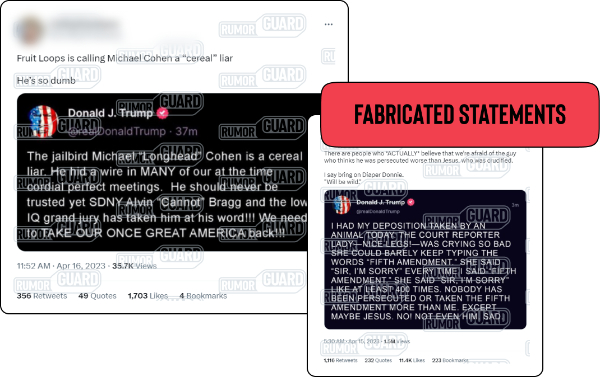 Two tweets feature screenshots of Truth Social posts allegedly made by former President Donald Trump, including one that labels his former lawyer, Michael Cohen, a “cereal liar,” and another where Trump supposedly said that he has taken the Fifth Amendment more than anyone. The News Literacy Project added the label, “FABRICATED STATEMENTS.”