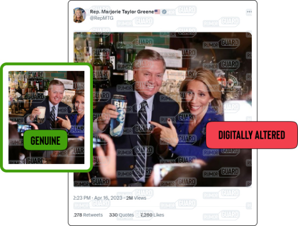 A tweet from U.S. Rep. Marjorie Taylor Greene, R-Ga., features a photo of Sen. Lindsey Graham, R-S.C., appearing to hold a can of Bud Light beer. The News Literacy Project has added a label that says, “DIGITALLY ALTERED” and added the genuine photograph of Graham holding a glass of beer.