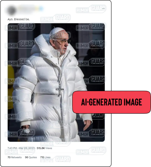 A tweet reads “Ayo. Blessed be” and features an image supposedly showing Pope Francis in a puffy white jacket. The News Literacy Project has added a label that says, “AI-GENERATED IMAGE.”