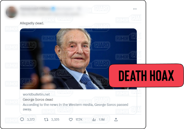 A tweet reads, “allegedly dead” and links to a news article titled “George Soros dead.” The News Literacy Project has added a label that says, “DEATH HOAX.”